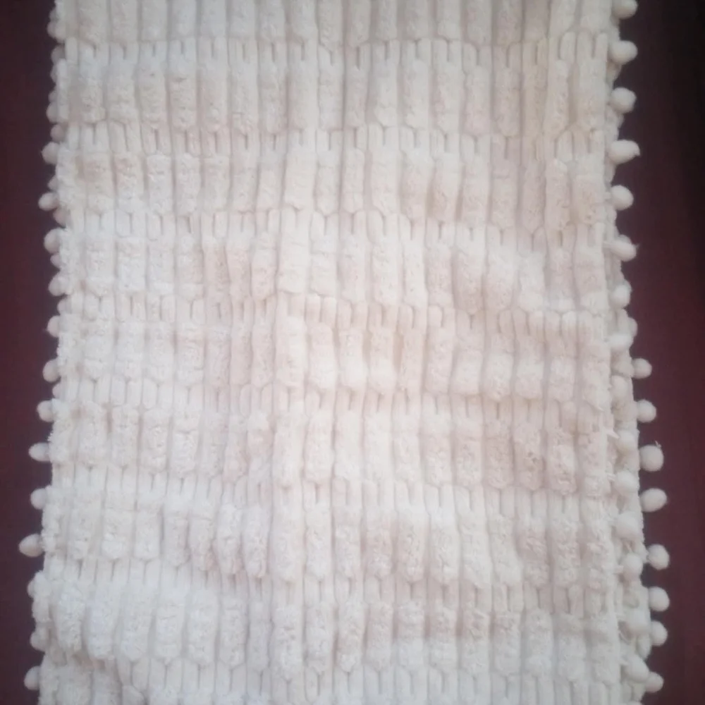 Textured Cream Sofa Armrest Cover And Matching Couch Runner With Puff Balls